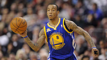 Mar 02, 2012; Philadelphia, PA, USA; Golden State Warriors guard Monta Ellis (8) passes the ball during the second quarter against the Philadelphia 76ers at the Wells Fargo Center. Mandatory Credit: Howard Smith-Imagn Images