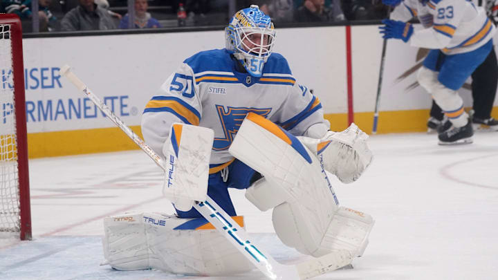 Mar 6, 2026; San Jose, California, USA; St. Louis Blues goalie Jordan Binnington (50) defends the goal against the San Jose Sharks in the second period at SAP Center at San Jose. Mandatory Credit: David Gonzales-Imagn Images