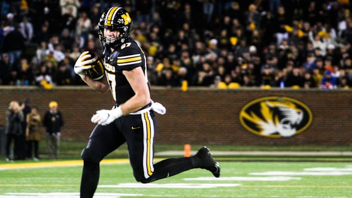 Missouri tight end Brett Norfleet runs after a catch during a college football game at Memorial Stadium on Nov. 18, 2023, in Columbia, Mo.