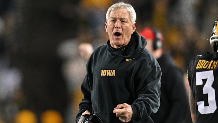 Nov 11, 2023; Iowa City, Iowa, USA; Iowa Hawkeyes head coach Kirk Ferentz reacts during the fourth quarter against the Rutgers Scarlet Knights at Kinnick Stadium. Mandatory Credit: Jeffrey Becker-Imagn Images