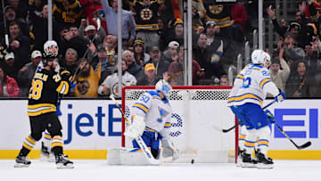 Dec 4, 2025; Boston, Massachusetts, USA; Boston Bruins center Pavel Zacha (18) (not pictured) scores a goal past St. Louis Blues goaltender Jordan Binnington (50) in the final seconds of the second period at TD Garden. Mandatory Credit: Bob DeChiara-Imagn Images