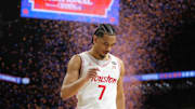 Apr 7, 2025; San Antonio, TX, USA;  Houston Cougars guard Milos Uzan (7) walks off the court after losing to the Florida Gators in the national championship game of the Final Four of the 2025 NCAA Tournament at the Alamodome.