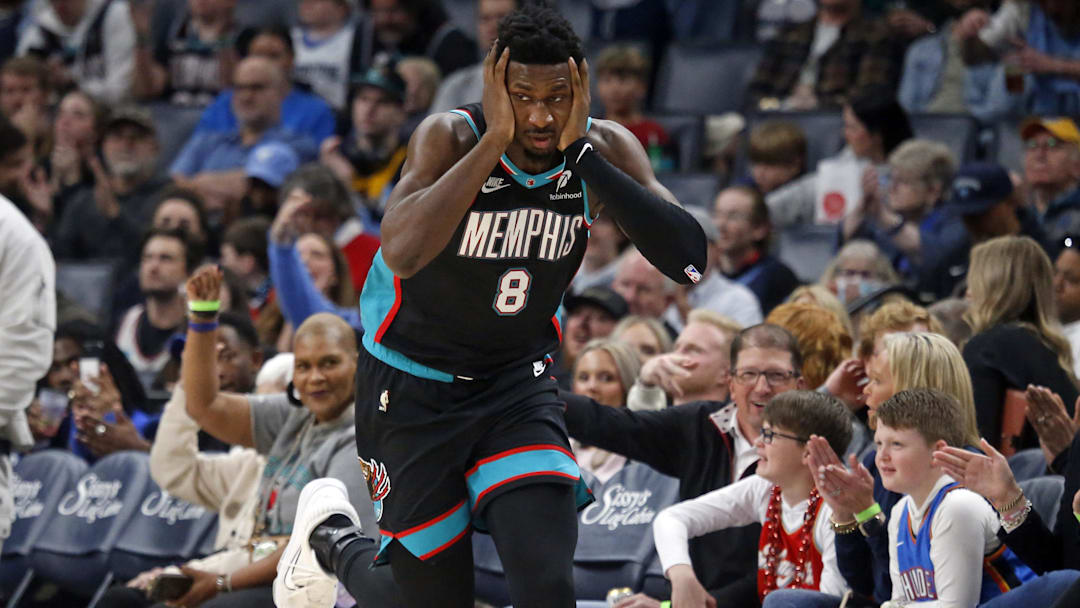 Jan 9, 2026; Memphis, Tennessee, USA; Memphis Grizzlies forward/center Jaren Jackson Jr. (8) reacts after a basket during the first quarter against the Oklahoma City Thunder at FedExForum. Mandatory Credit: Petre Thomas-Imagn Images