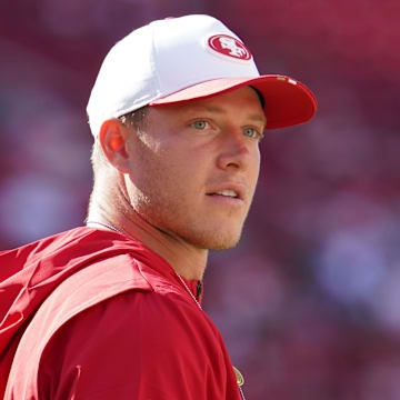 Aug 9, 2025; Santa Clara, California, USA;  San Francisco 49ers running back Christian McCaffrey (23) warms up before the game against the Denver Broncos at Levi's Stadium. Mandatory Credit: David Gonzales-Imagn Images