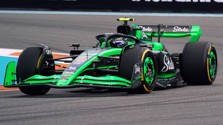 May 3, 2024; Miami Gardens, Florida, USA; Kick Sauber driver Zhou Gunayu (24) races into turn one during F1 practice at Miami International Autodrome. Mandatory Credit: John David Mercer-USA TODAY Sports