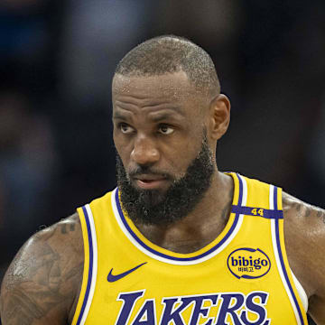 Apr 25, 2025; Minneapolis, Minnesota, USA; Los Angeles Lakers forward LeBron James (23) looks on against the Minnesota Timberwolves in the second half during game three of first round for the 2024 NBA Playoffs at Target Center. Mandatory Credit: Jesse Johnson-Imagn Images