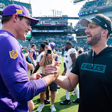 Aug 24, 2024; Philadelphia, Pennsylvania, USA; Minnesota Vikings head coach Kevin O’Connell and Philadelphia Eagles head coach Nick Sirianni speak after the game at Lincoln Financial Field.  