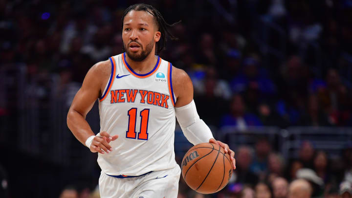 Dec 16, 2023; Los Angeles, California, USA; New York Knicks guard Jalen Brunson (11) moves the ball up court against the Los Angeles Clippers during the second half at Crypto.com Arena. Mandatory Credit: Gary A. Vasquez-USA TODAY Sports