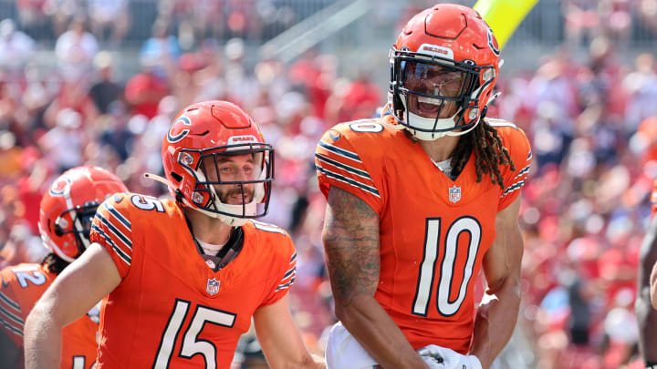 Sep 17, 2023; Tampa, Florida, USA; Chicago Bears wide receiver Chase Claypool (10) celebrates after he scores a touchdown against the Tampa Bay Buccaneers during the second half at Raymond James Stadium. Mandatory Credit: Kim Klement Neitzel-USA TODAY Sports