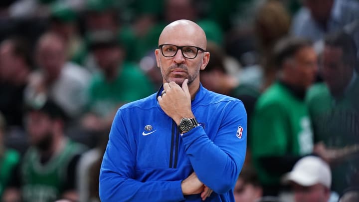 Jun 6, 2024; Boston, Massachusetts, USA; Dallas Mavericks head coach Jason Kidd look on in the third quarter against the Boston Celtics during game one of the 2024 NBA Finals at TD Garden. Mandatory Credit: David Butler II-USA TODAY Sports