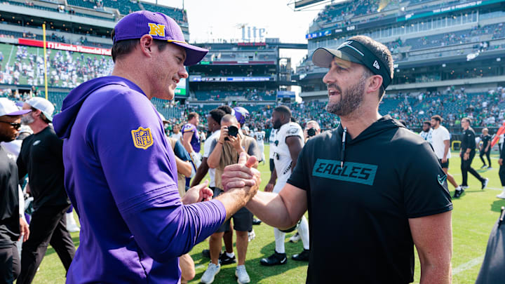 Aug 24, 2024; Philadelphia, Pennsylvania, USA; Minnesota Vikings head coach Kevin O’Connell and Philadelphia Eagles head coach Nick Sirianni speak after the game at Lincoln Financial Field.  