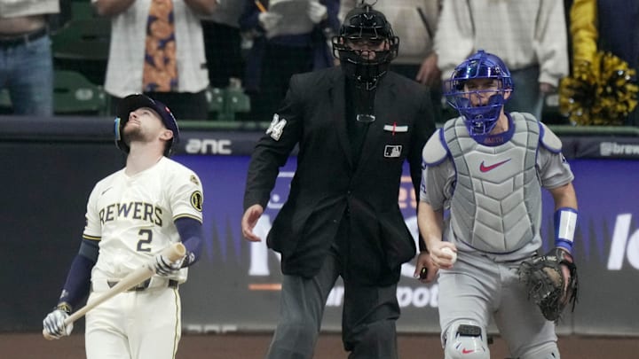 Brice Turang reacts to his game-ending strikeout. Brice Turang reacts to his game-ending strikeout.