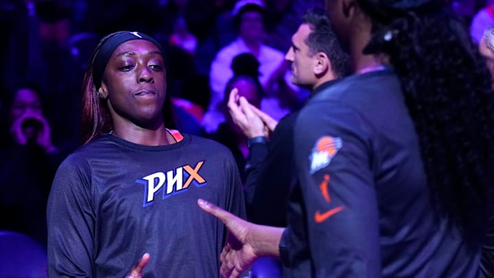 Mercury guard Kahleah Copper enters the court prior to a game at the Footprint Center in Phoenix on Saturday, May 25, 2024.