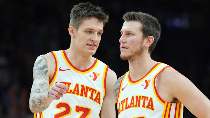Vit Krejci #27 and Garrison Mathews #25 of the Atlanta Hawks