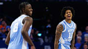 Dec 2, 2025; Lexington, Kentucky, USA; North Carolina Tar Heels forward Jonathan Powell (11) celebrates a three point basket during the first half against the Kentucky Wildcats at Rupp Arena at Central Bank Center. Mandatory Credit: Jordan Prather-Imagn Images