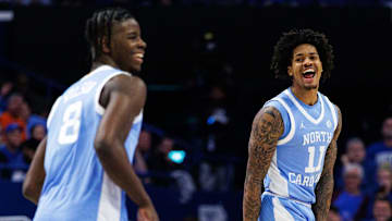 Dec 2, 2025; Lexington, Kentucky, USA; North Carolina Tar Heels forward Jonathan Powell (11) celebrates a three point basket during the first half against the Kentucky Wildcats at Rupp Arena at Central Bank Center. Mandatory Credit: Jordan Prather-Imagn Images