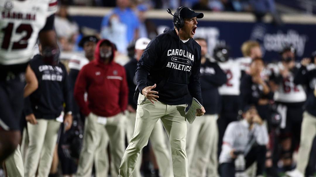 Nov 1, 2025; Oxford, Mississippi, USA; South Carolina Gamecocks head coach Shane Beamer reacts during the second quarter against the Mississippi Rebels at Vaught-Hemingway Stadium. Mandatory Credit: Petre Thomas-Imagn Images