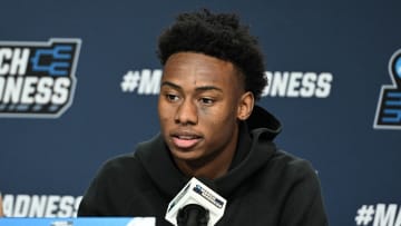 Mar 20, 2024; Omaha, NE, USA;  Brigham Young Cougars guard Jaxson Robinson (2) talks to the media during the NCAA first round practice session at CHI Health Center Omaha. Mandatory Credit: Steven Branscombe-USA TODAY Sports