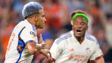 FC Cincinnati midfielder Yamil Asad (21) celebrates after scoring a goal in the second half of the Leagues Cup Group Stage match between FC Cincinnati and New York City at TQL Stadium in Cincinnati on Monday, Aug. 5, 2024. FC Cincinnati mounted a second half comeback to win 4-2.