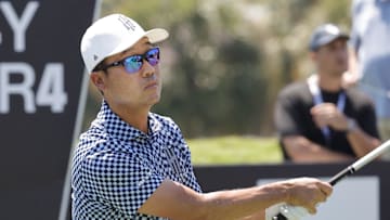 Apr 6, 2024; Miami, Florida, USA; Kevin Na of the Iron Heads  plays his shot from the fifth tee during the second round of LIV Golf Miami golf tournament at Trump National Doral. Mandatory Credit: Reinhold Matay-Imagn Images