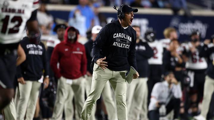 Nov 1, 2025; Oxford, Mississippi, USA; South Carolina Gamecocks head coach Shane Beamer reacts during the second quarter against the Mississippi Rebels at Vaught-Hemingway Stadium. Mandatory Credit: Petre Thomas-Imagn Images