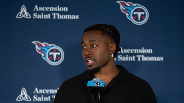 Tennessee Titans new free-agent corner back Chidobe Awuzie fields questions at Ascension Saint Thomas Sports Park in Nashville, Tenn., Thursday, March 14, 2024.