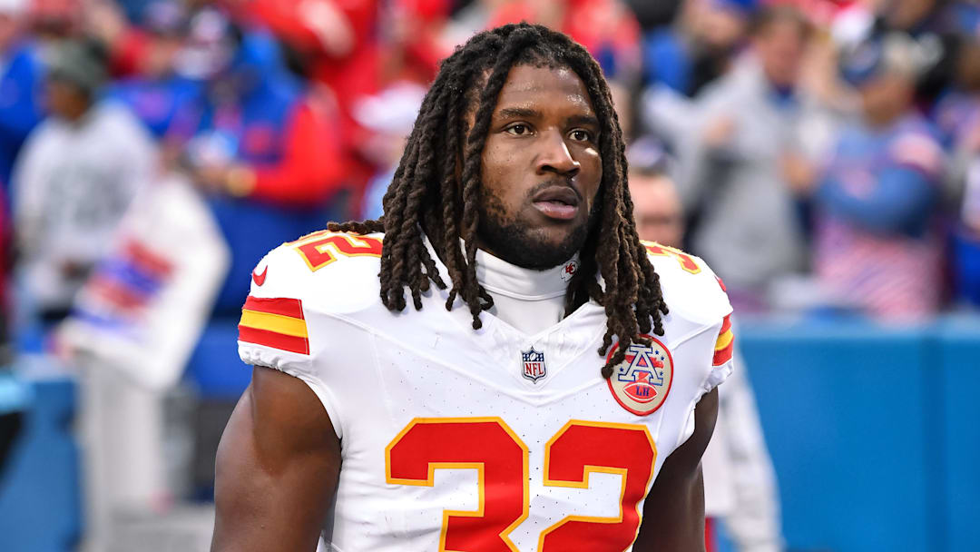 Nov 17, 2024; Orchard Park, New York, USA; Kansas City Chiefs linebacker Nick Bolton (32) enters the field before a game against the Buffalo Bills at Highmark Stadium.