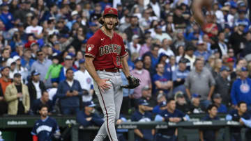 Sep 8, 2023; Chicago, Illinois, USA;  Arizona Diamondbacks starting pitcher Zac Gallen (23) reacts at the end of the game against the Chicago Cubs at Wrigley Field. Mandatory Credit: Matt Marton-USA TODAY Sports