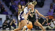 Mar 24, 2024; Manhattan, Kansas, USA; Kansas State Wildcats guard Serene Sundell (4) is guarded by Colorado Buffaloes guard Kindyll Wetta (15) during the fourth quarter at Bramlage Coliseum. Mandatory Credit: Scott Sewell-Imagn Images