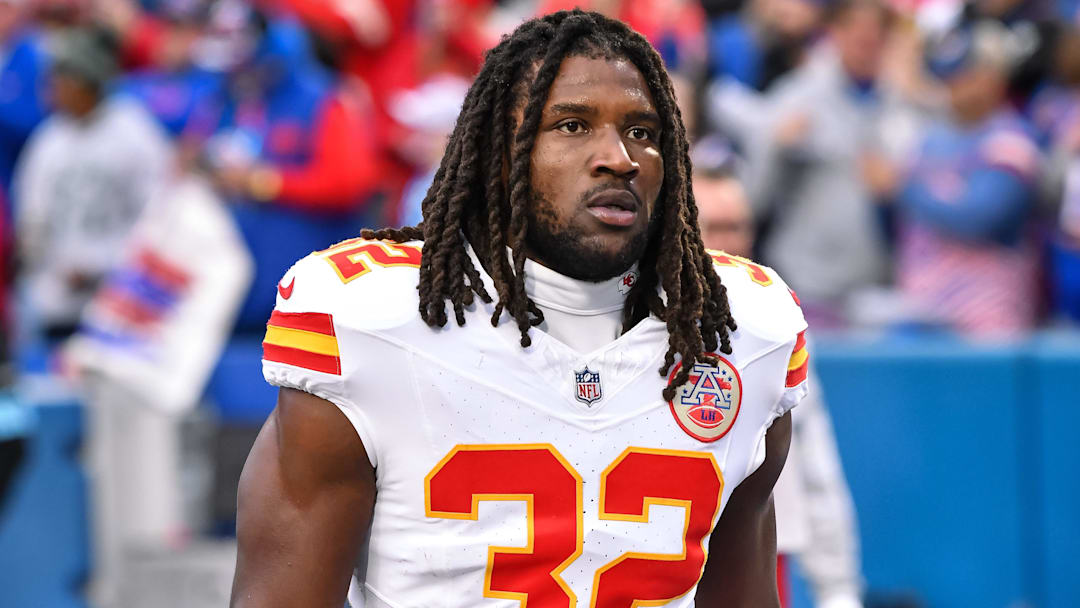 Nov 17, 2024; Orchard Park, New York, USA; Kansas City Chiefs linebacker Nick Bolton (32) enters the field before a game against the Buffalo Bills at Highmark Stadium. Mandatory Credit: Mark Konezny-Imagn Images