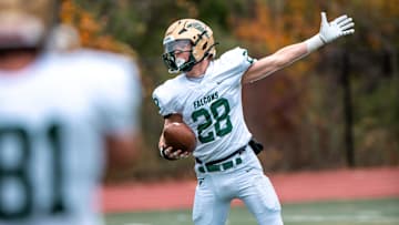 Monroe St. Mary Catholic Central's Brock Cousino signals for a first down during a football game on Saturday, Oct. 21, 2023, at Detroit Country Day.