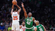 May 7, 2025; Boston, Massachusetts, USA; New York Knicks forward Mikal Bridges (25) shoots the ball against Boston Celtics center Al Horford (42) in the second half during game two of the second round for the 2025 NBA Playoffs at TD Garden. Mandatory Credit: David Butler II-Imagn Images