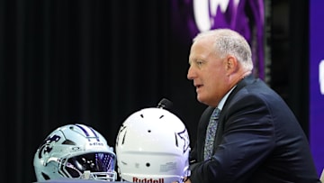 Jul 8, 2025; Frisco, TX, USA; Kansas State head coach Chris Klieman addresses the media during 2025 Big 12 Football Media Days at The Star. Mandatory Credit: Raymond Carlin III-Imagn Images