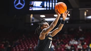 Jan 21, 2025; Tuscaloosa, Alabama, USA; Vanderbilt Commodores guard Jason Edwards (1) shoots against the Alabama Crimson Tide during the second half at Coleman Coliseum. Mandatory Credit: Will McLelland-Imagn Images