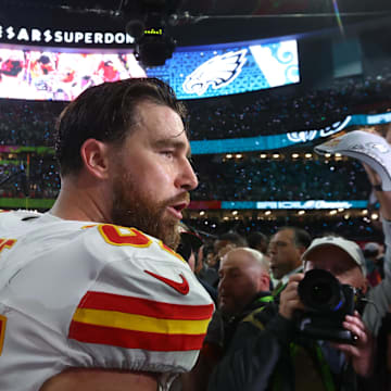 Feb 9, 2025; New Orleans, LA, USA; Kansas City Chiefs tight end Travis Kelce (87) reacts on the field after losing to the Philadelphia Eagles in Super Bowl LIX at Ceasars Superdome. Mandatory Credit: Mark J. Rebilas-Imagn Images