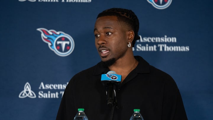 Tennessee Titans new free-agent corner back Chidobe Awuzie fields questions at Ascension Saint Thomas Sports Park in Nashville, Tenn., Thursday, March 14, 2024.