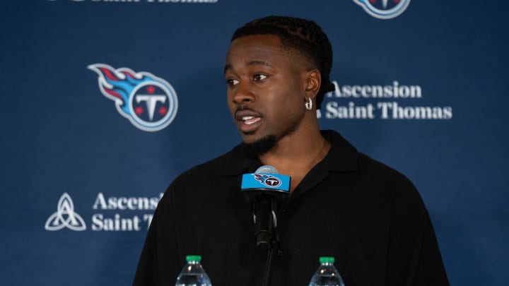 Tennessee Titans new free-agent corner back Chidobe Awuzie fields questions at Ascension Saint Thomas Sports Park in Nashville, Tenn., Thursday, March 14, 2024.