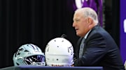 Jul 8, 2025; Frisco, TX, USA; Kansas State head coach Chris Klieman addresses the media during 2025 Big 12 Football Media Days at The Star. Mandatory Credit: Raymond Carlin III-Imagn Images