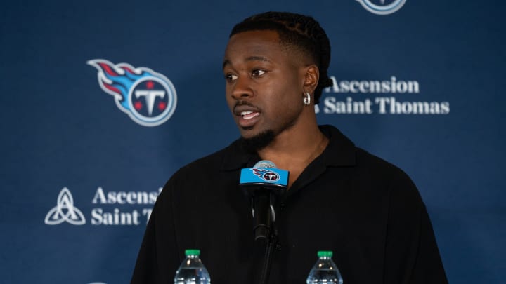 Tennessee Titans new free-agent corner back Chidobe Awuzie fields questions at Ascension Saint Thomas Sports Park in Nashville, Tenn., Thursday, March 14, 2024.