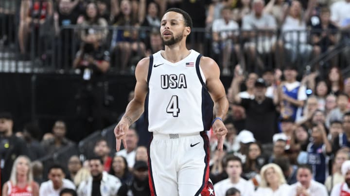 Jul 10, 2024; Las Vegas, Nevada, USA; USA guard Steph Curry (4) celebrates scoring on Canada during the first quarter of the USA Basketball Showcase at T-Mobile Arena. Mandatory Credit: Candice Ward-USA TODAY Sports