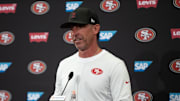 Jul 23, 2025; Santa Clara, CA, USA; San Francisco 49ers head coach Kyle Shanahan answers questions from reporters following the first day of training camp at SAP Performance Facility. Mandatory Credit: D. Ross Cameron-Imagn Images