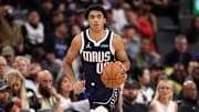 Apr 5, 2025; Inglewood, California, USA;  Dallas Mavericks guard Max Christie (00) dribbles the ball during the second half against the Los Angeles Clippers at Intuit Dome. Mandatory Credit: Kiyoshi Mio-Imagn Images