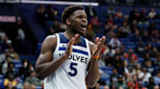 Dec 2, 2025; New Orleans, Louisiana, USA;  Minnesota Timberwolves guard Anthony Edwards (5) reacts during the second half against the New Orleans Pelicans at Smoothie King Center. Mandatory Credit: Matthew Hinton-Imagn Images