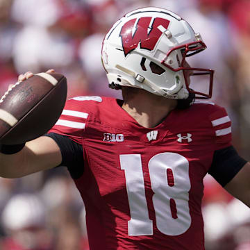 Wisconsin Badgers quarterback Braedyn Locke (18) throws a pass 