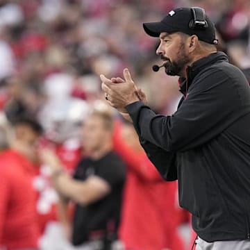 Sep 7, 2024; Columbus, Ohio, USA;  Ohio State Buckeyes head coach Ryan Day applauds his defense during the first half against the Western Michigan Broncos at Ohio Stadium. Mandatory Credit: Adam Cairns-Imagn Images