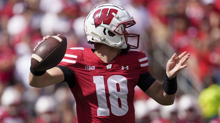 Wisconsin Badgers quarterback Braedyn Locke (18) throws a pass 