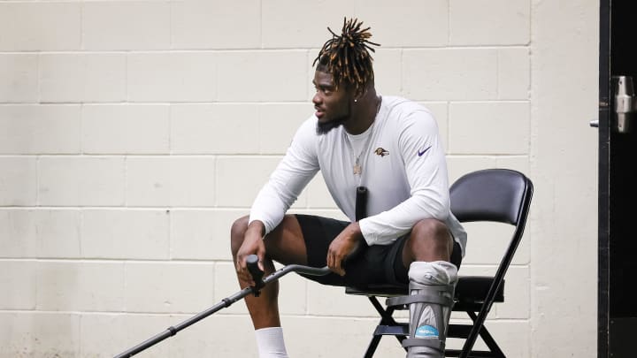 May 7, 2022; Owings Mills, MD, USA; Baltimore Ravens outside linebacker David Ojabo (90) looks on during rookie minicamp at Under Armour Performance Center. Mandatory Credit: Scott Taetsch-USA TODAY Sports