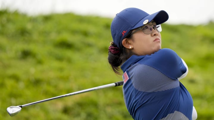 Aug 9, 2024; Saint-Quentin-en-Yvelines, France; Rose Zhang (USA) on no.16 in the third round of women's individual stroke play during the Paris 2024 Olympic Summer Games at Le Golf National. Mandatory Credit: Katie Goodale-USA TODAY Sports