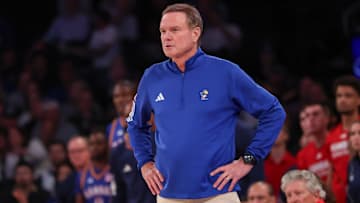 Nov 18, 2025; New York, New York, USA; Kansas Jayhawks head coach Bill Self looks on during the second half against the Duke Blue Devils at Madison Square Garden. Mandatory Credit: Vincent Carchietta-Imagn Images