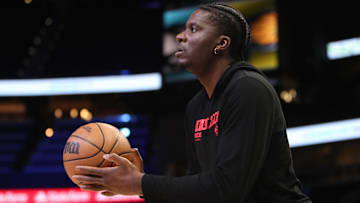 Clint Capela #15 of the Atlanta Hawks warms up before facing the Indiana Pacers.
